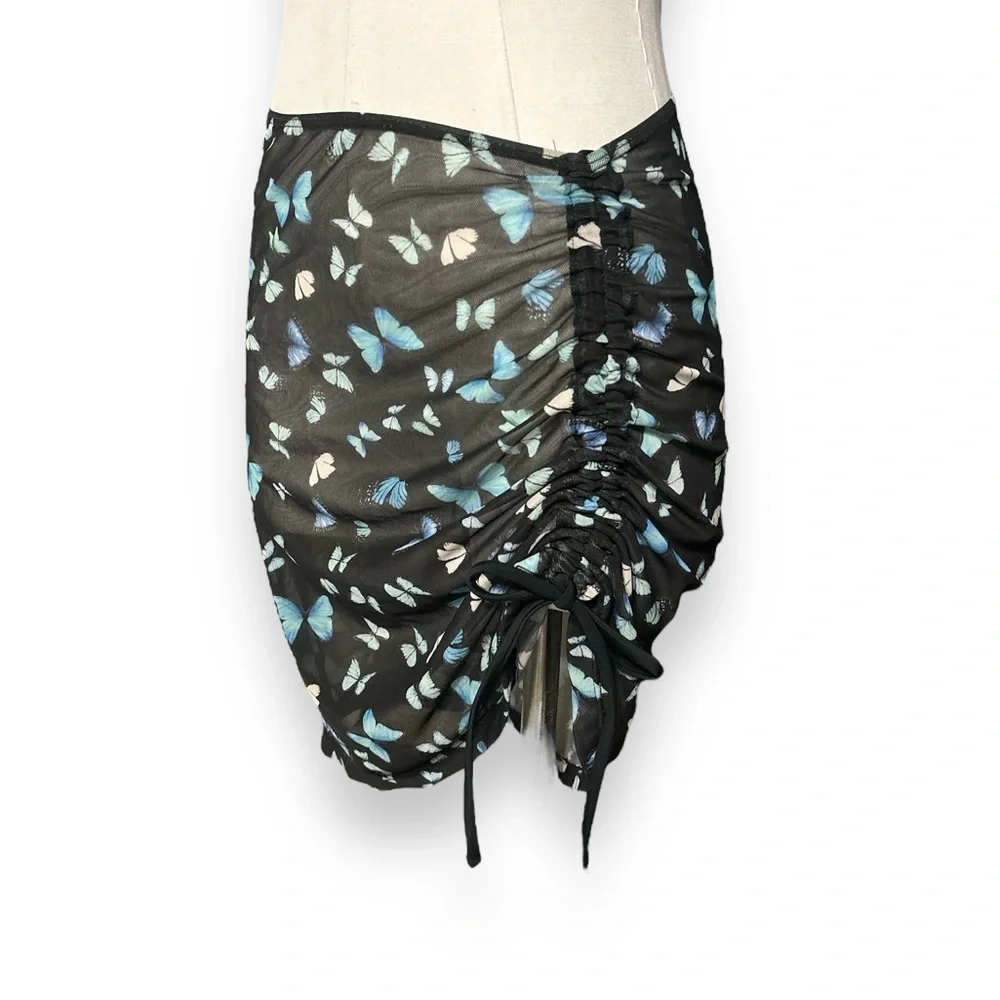 Butterfly print Mesh Cover Up with Drawstring Detail